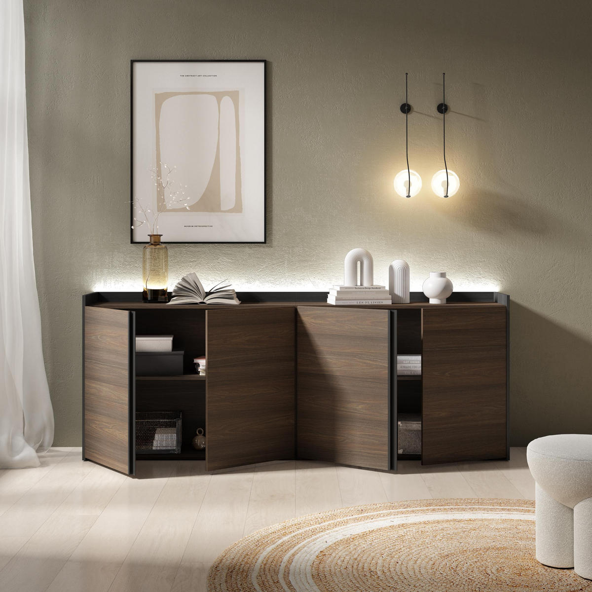 SIDEBOARD, Dunkler Eiche und Schwarz, 207/35/80cm, mit Led - Dunkelbraun, Holzwerkstoff (207/80/35cm) - Skraut Home