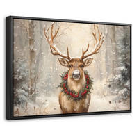 LEINWAND Bilder mit Rahmen - Weihnachten - Rentier - Winter - Kranz - 30x20 - Naturfarben, Textil (30/20cm) - MuchoWow