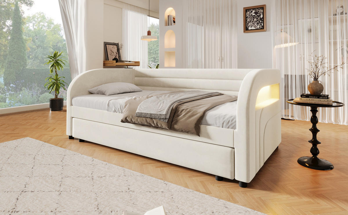 ČALOUNĚNÁ POSTEL 90/200 cm v béžové barvě s výsuvným lůžkem a LED - béžová, kov/kompozitní dřevo (90/200cm) - CHICFURN