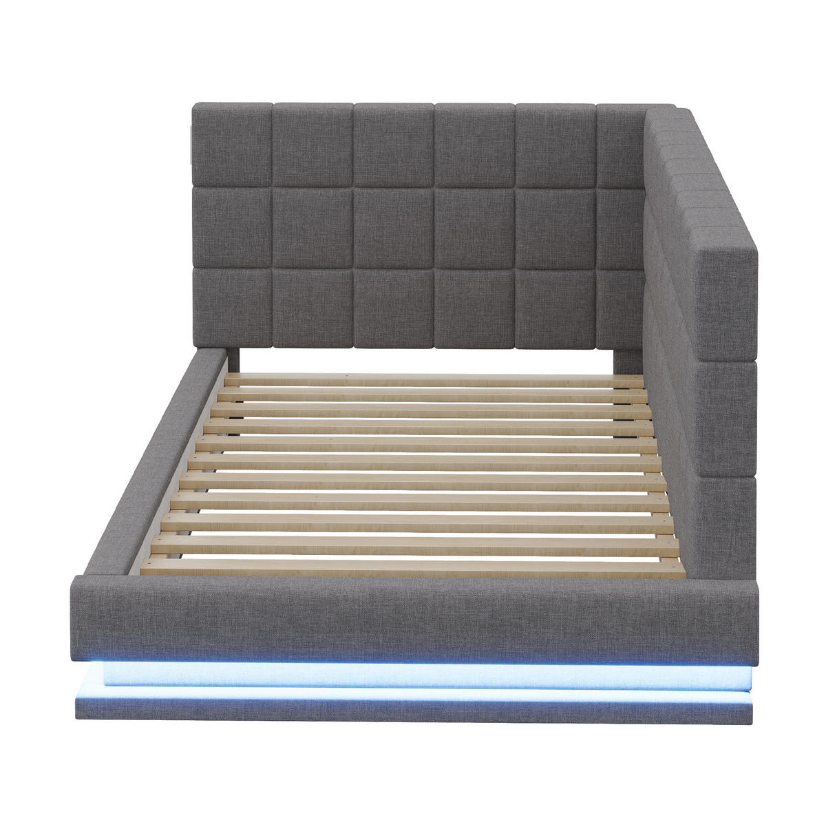 POLSTERBETT 90/200 cm mit LED-Beleuchtung, USB-Anschluss und Lattenrost aus Leinen, Grau - Grau, Textil (90/200cm) - Redom