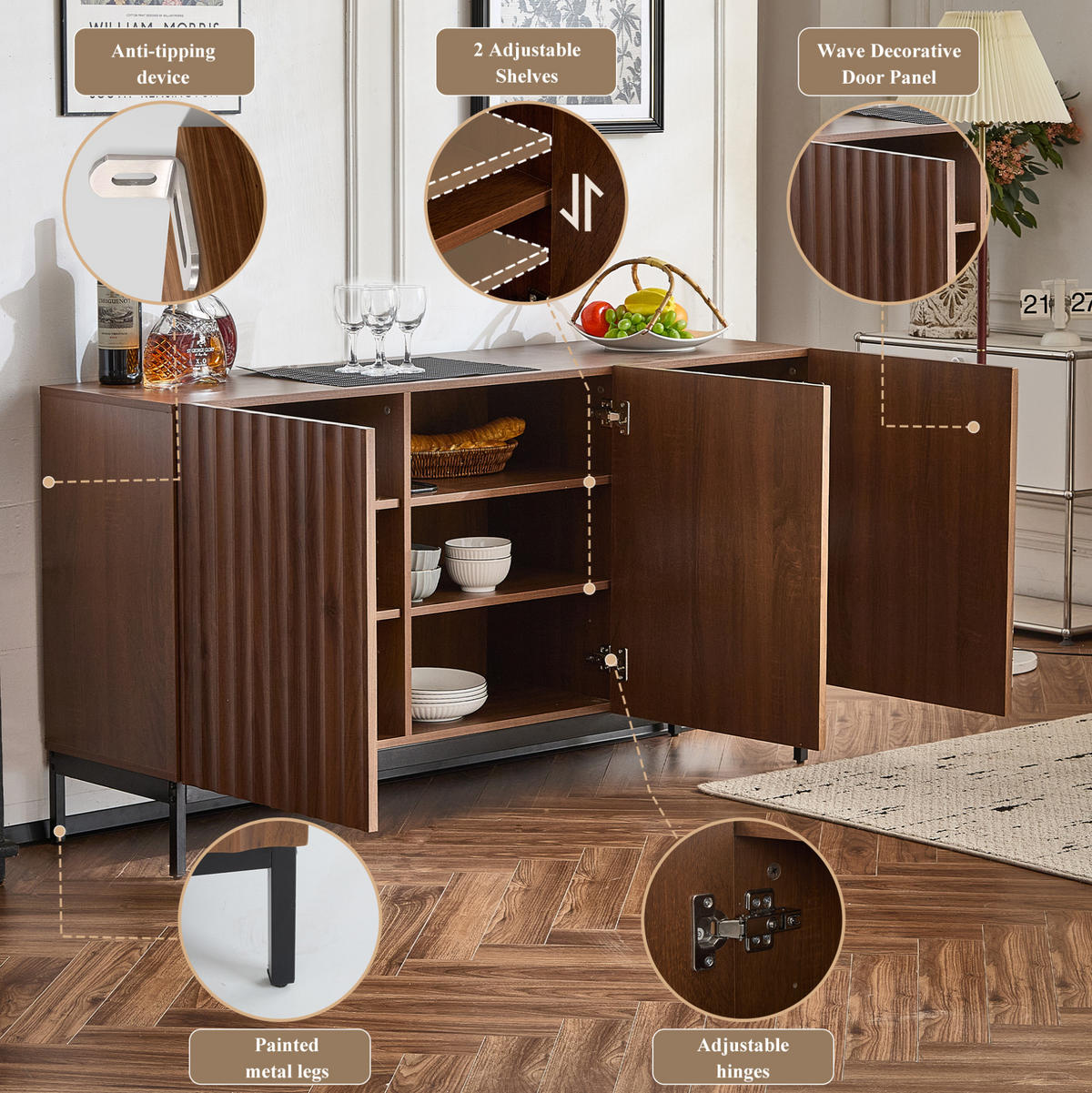 KOMODA z MDF 150x40x80 cm tmavě hnědá s vlnitým 3D designem, nastavitelnými policemi a ochranou proti převrácení - tmavě hnědá, kompozitní dřevo (150/80/40cm) - Modfu