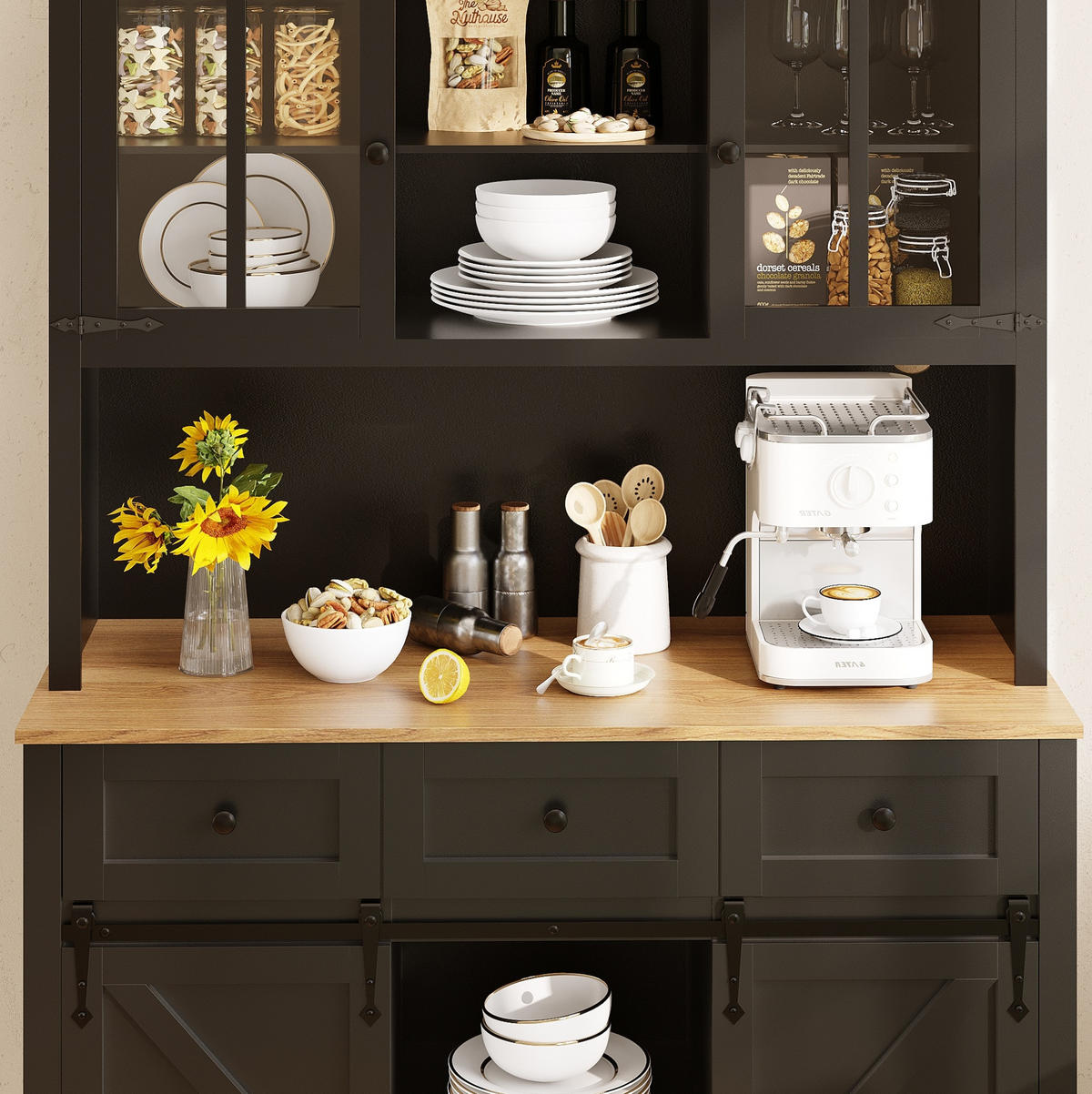 BUFFETSCHRANK 105/38,4/180 cm aus MDF mit LED-Beleuchtung, Schiebetür im Scheunenlook und verstellbaren Ablagen, Schwarz - Schwarz, Holzwerkstoff (105/180/38.4cm) - Redom