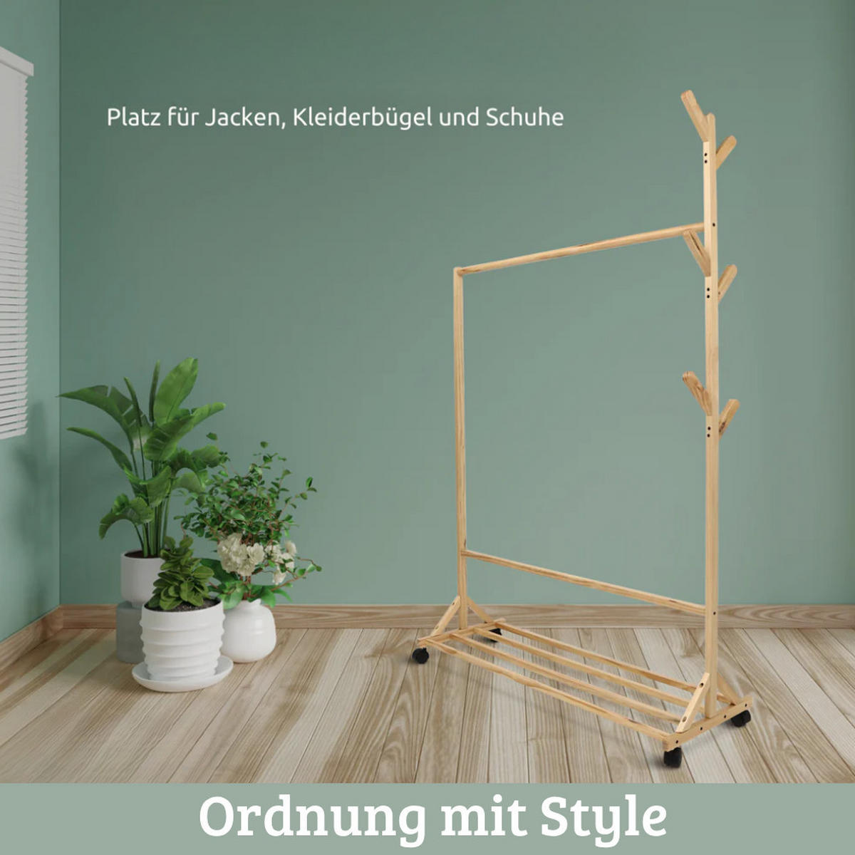 GARDEROBE mit Rollen SEMU Massivholz 6 Haken - Braun, Holz (100/155/35cm) - DELUKE