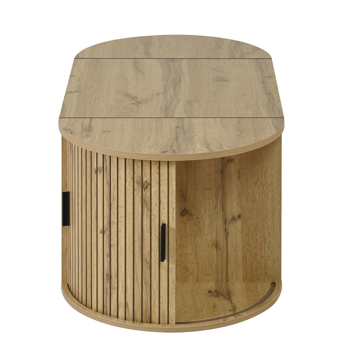 COUCHTISCH 100/50/40,5 cm eichefarben aus Holzwerkstoff mit höhenverstellbarer Tischplatte Schiebetüren und offenen Regalen - Eichefarben, Holzwerkstoff (100/50/40.5cm) - OKWISH