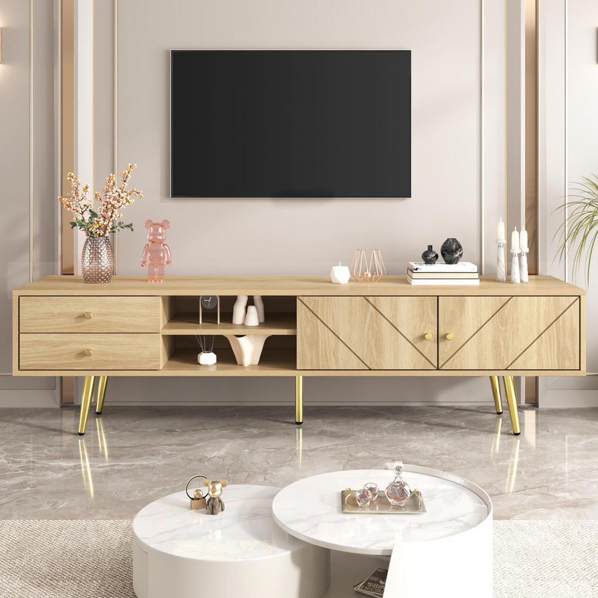 TV-SCHRANK 160cm mit goldenen Füßen 2 Schubladen einzigartige Türen - Braun, Holz (47.5/12/177.5cm) - FLIEKS