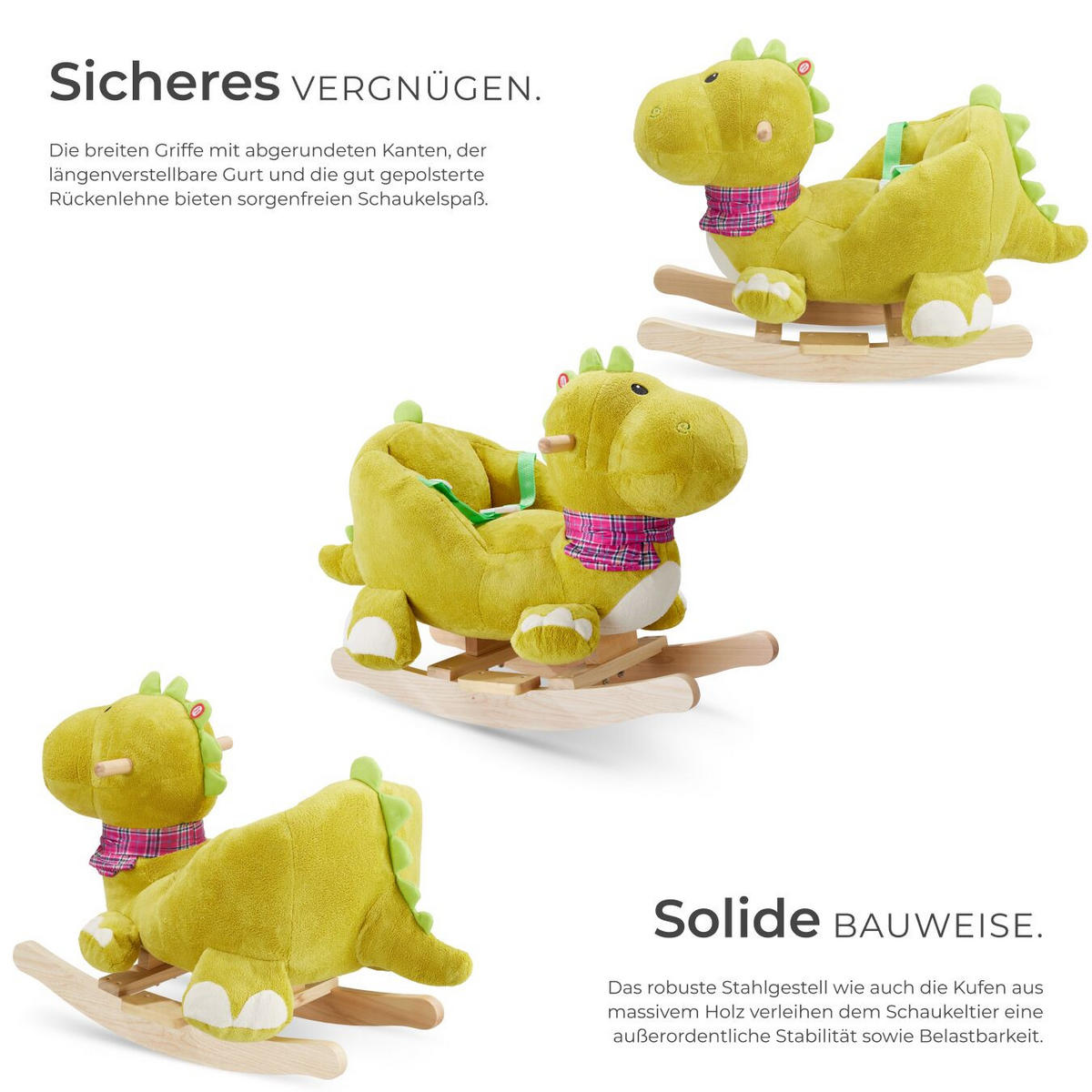 SCHAUKELTIER Dinosaurier ,massive Holzkufen, ab 12 Monaten geeignet,grün - Grün, Textil (35/50/70cm) - tectake