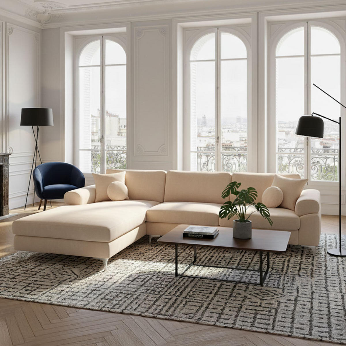 ECKSOFA galway beige 5-sitzer samt - Beige, Holz (262/132cm) - Concept Usine