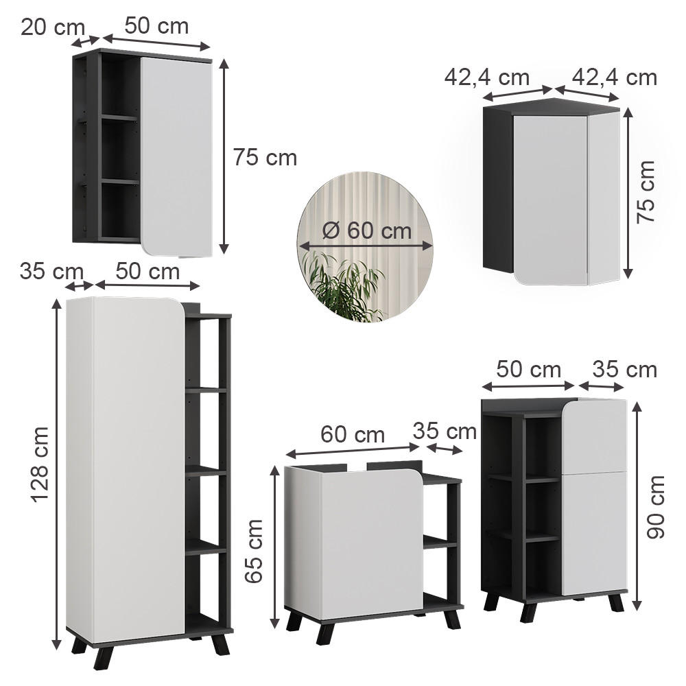 BADMÖBEL-SET Karen Anthrazit/Weiß 5 Teile - Anthrazit/Weiß, Holzwerkstoff (60/65/35cm) - Vicco