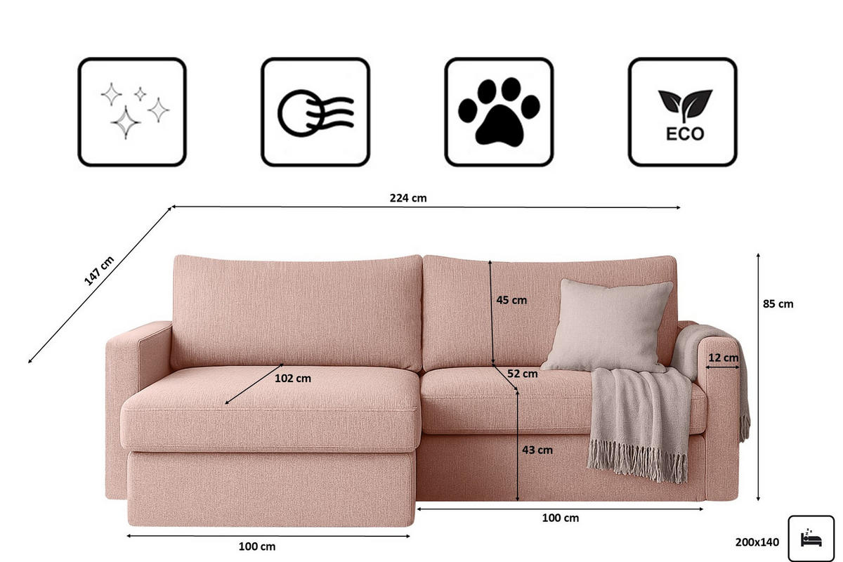 ECKSOFA Mit Schlaffunktion Und Bettzeugablage LUBEKA Stoff Faro Rosa Links - Rosa, Holz (140/147cm) - Kaiser Möbel