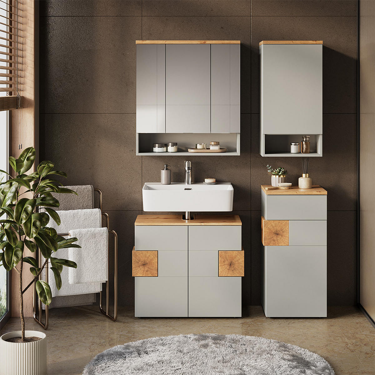BADMÖBEL-SET Eden Grau/Artisan 4 Teile - Hellgrau/Grau, Holzwerkstoff (76/64/37cm) - Vicco
