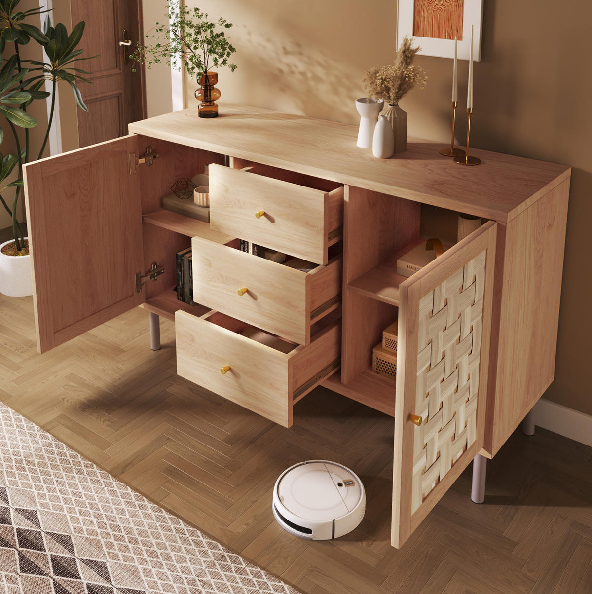 KOMMODE 120/40/75 cm in Eichefarben mit 2 Türen, 3 Schubladen und Metallbeinen - Nussbaumfarben, Holzwerkstoff (120/70/40cm) - Flora Grace