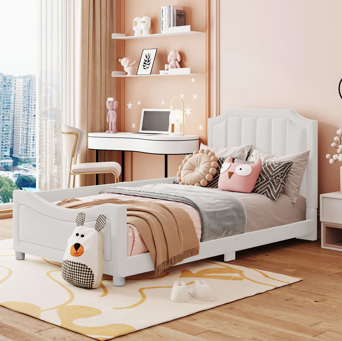 KINDEREINZELBETTEN aus Flanell 211x94,5x41,5 cm in Beige mit Rückenlehne - Beige, Holz (90/200cm) - Modfu