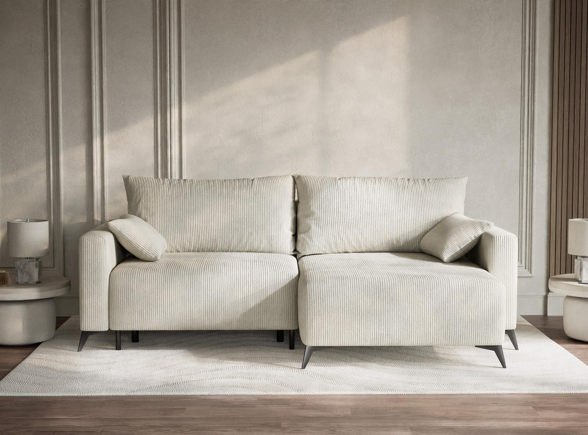 ECKSOFA MIT SCHLAFFUNKTION Leon Creme Samtstoff - Creme/Schwarz, Holz/Holzwerkstoff (239/148cm) - Maison de Reve