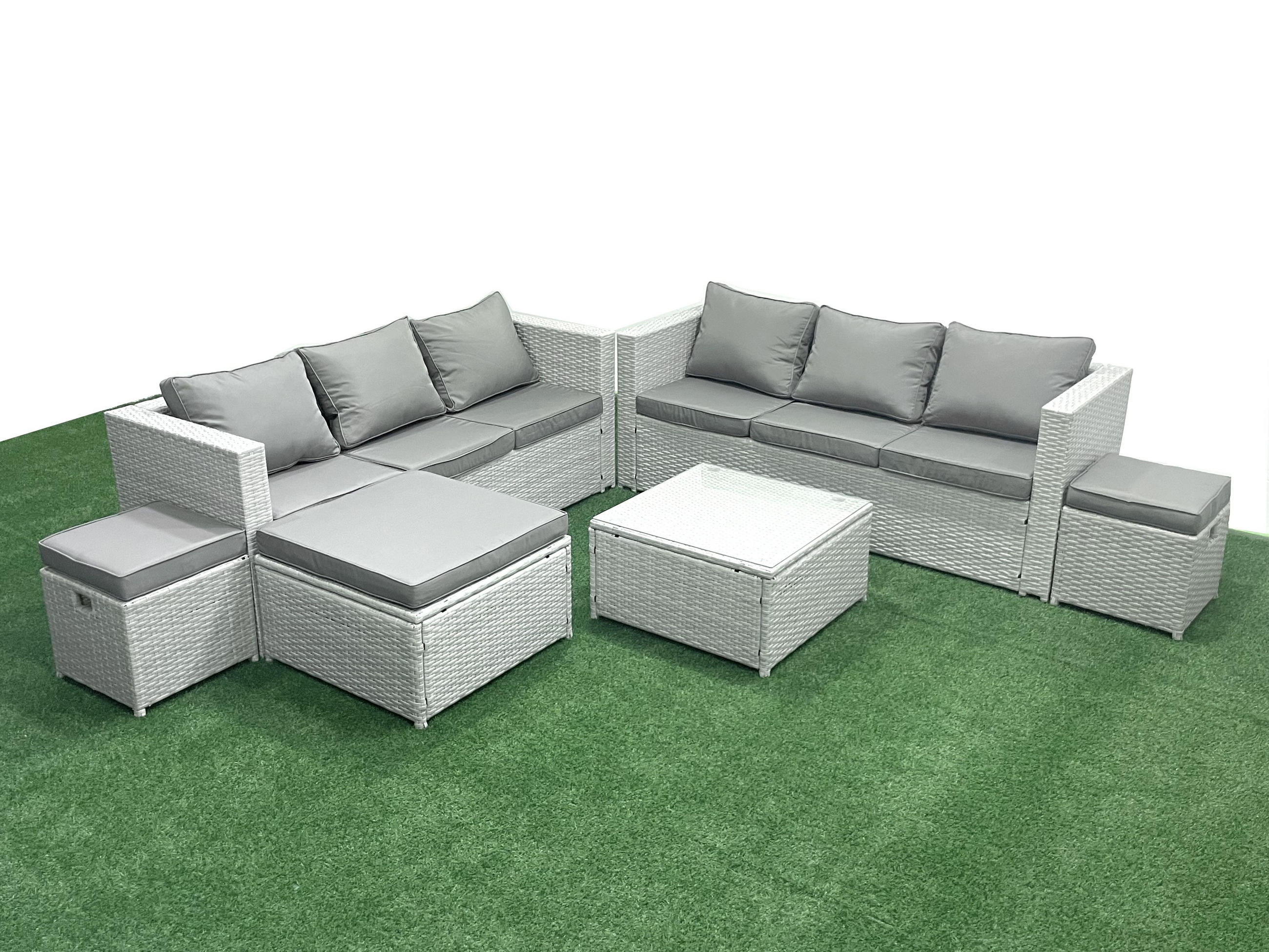 GARTENMÖBEL-SET mit Kissen Polyrattan Hellgrau-Mix 9-Sitzer - Hellgrau/Grau, Glas/Kunststoff - Fimous