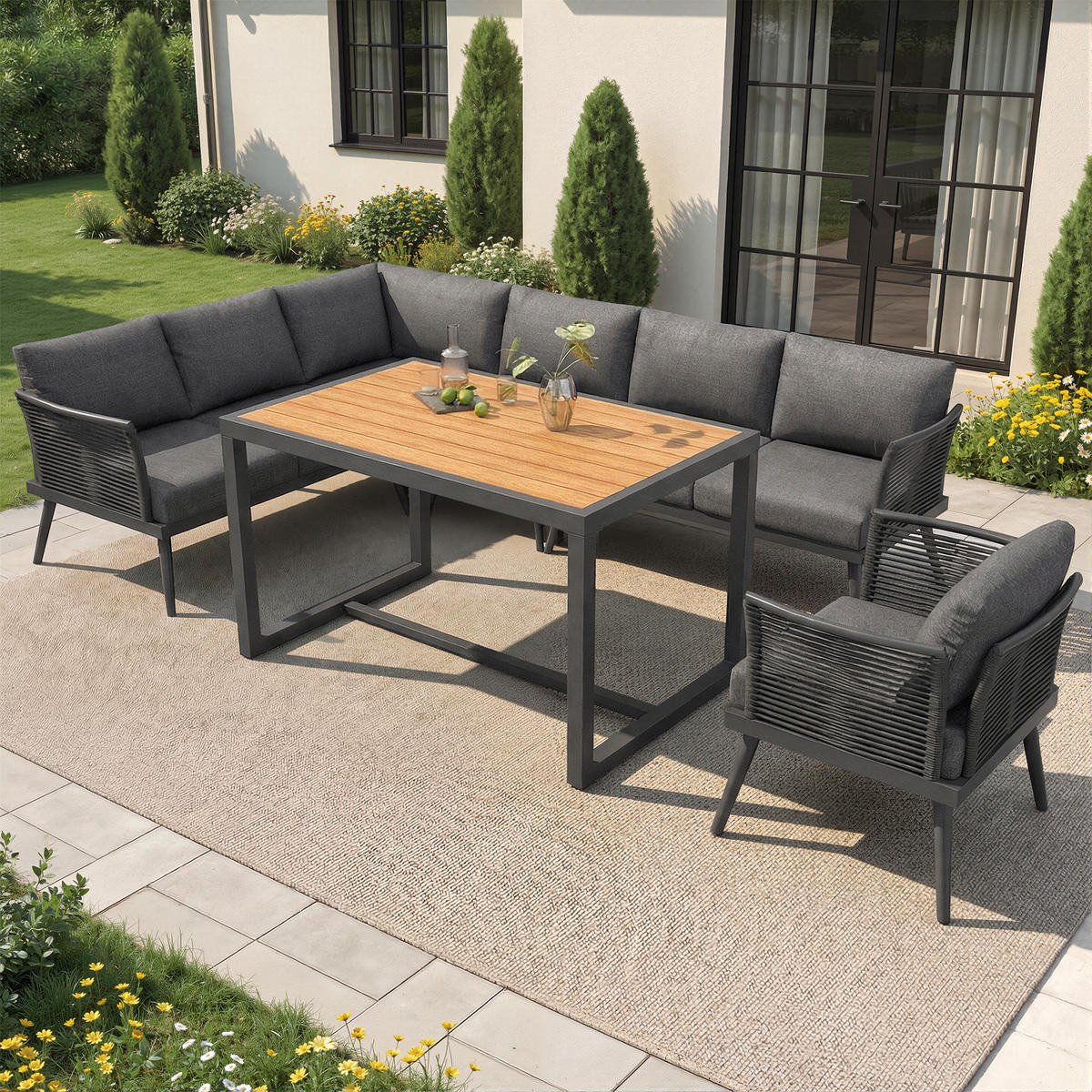 GARTENSET L-Form 7 Personen Grau Inkl. Tisch & Sessel Mit Polstern - Grau, Metall - FLIEKS