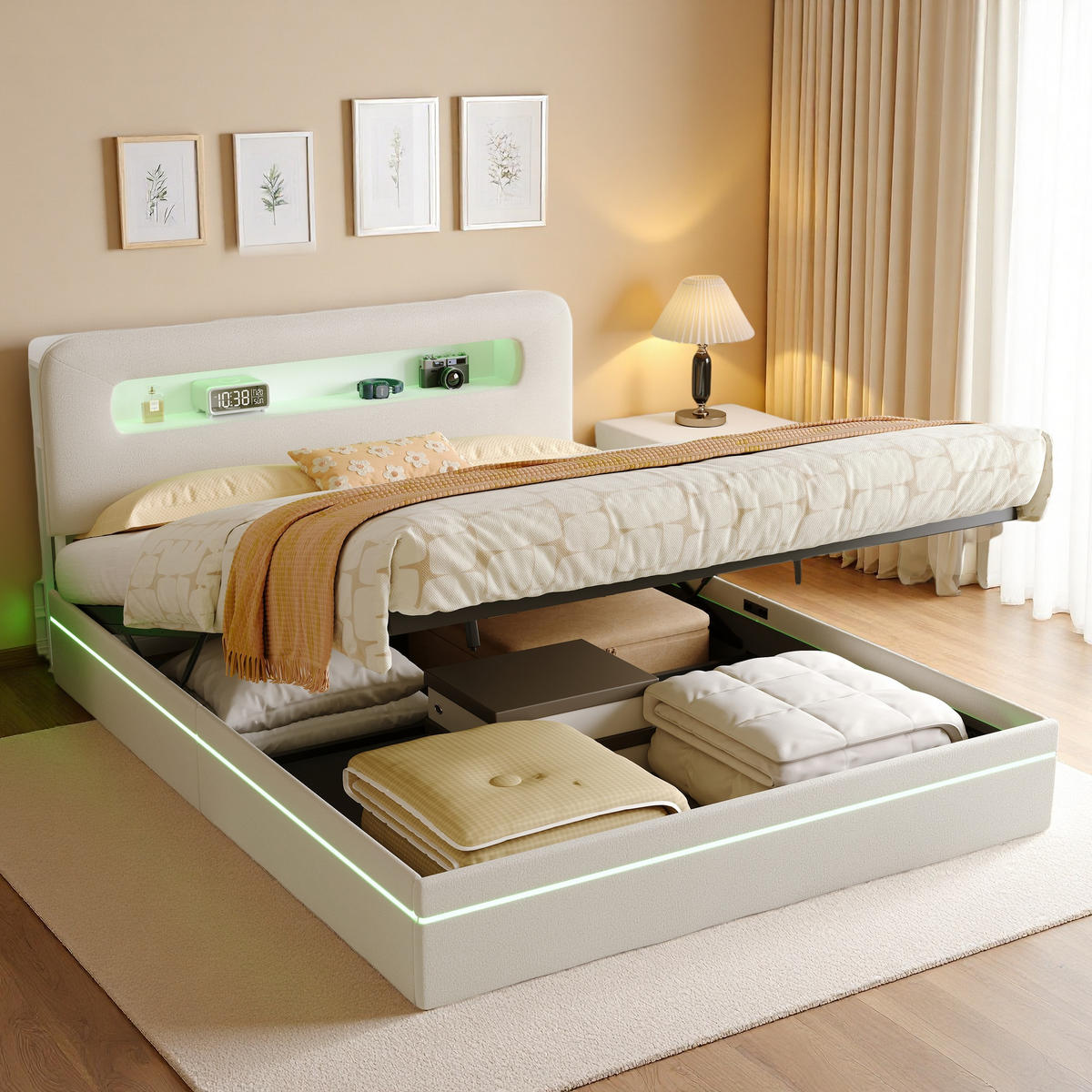 POLSTERBETT 160x200 cm Beige Samt LED USB Ablage Bettkasten - Beige, Holz (160/200cm) - SHOPENTRA