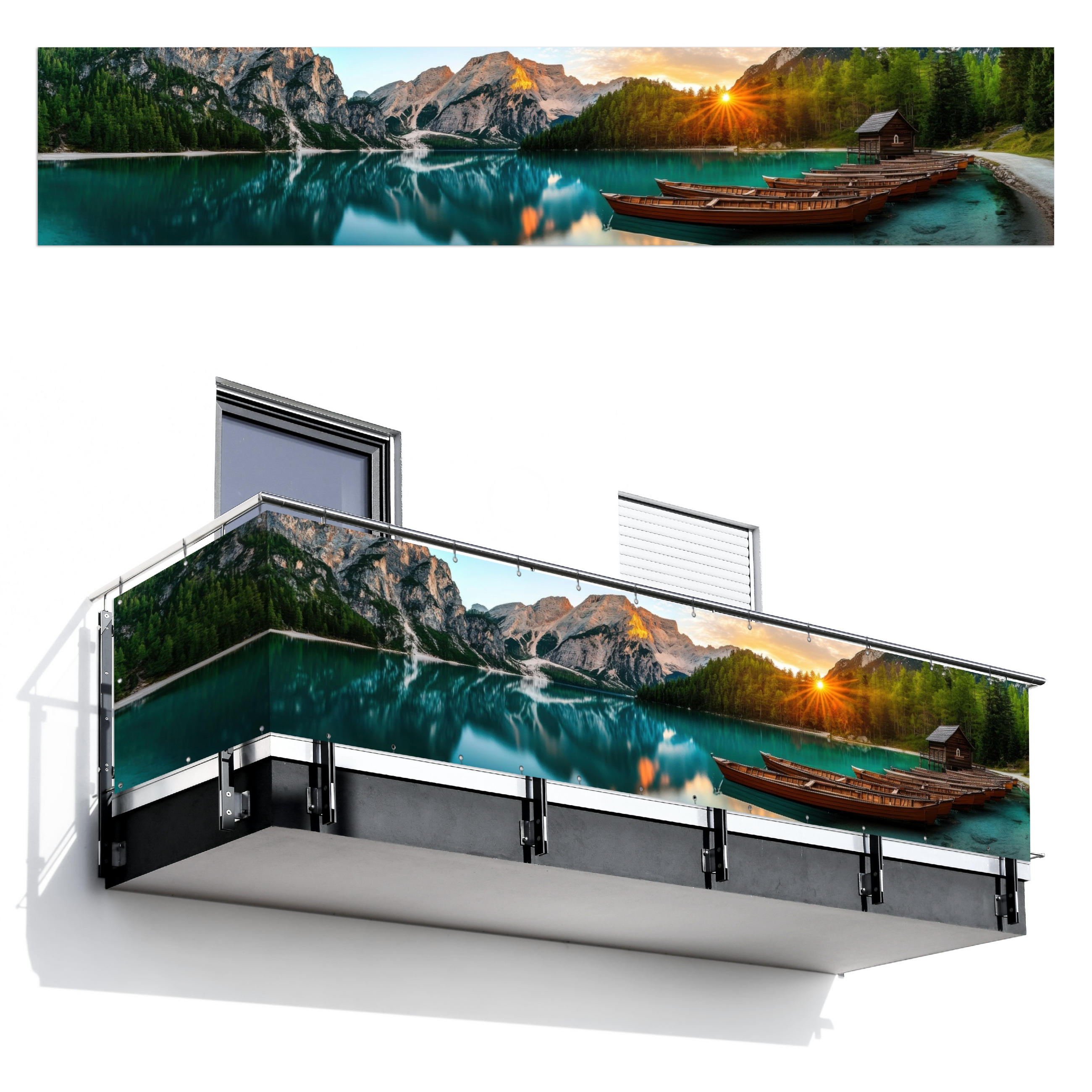 BALKON-SICHTSCHUTZ See - Berge - Sonnenuntergang - Boot - Petrol, Kunststoff (500/95cm) - MuchoWow