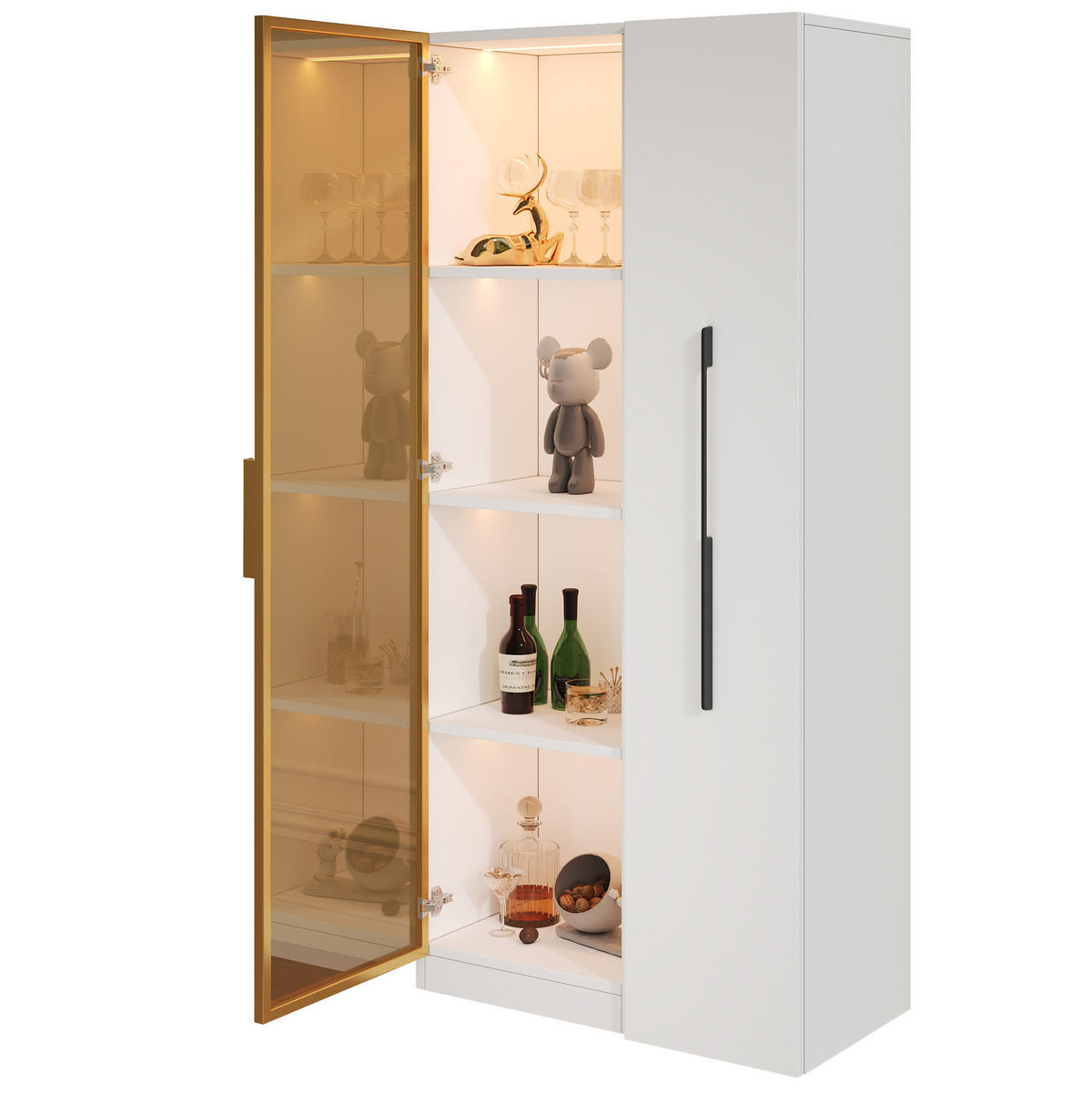 HIGHBOARD mit Glastüren 70/40/160 cm – mit LED-Beleuchtung und Stauraum - Weiß, Holzwerkstoff (70/160/40cm) - BEAOK