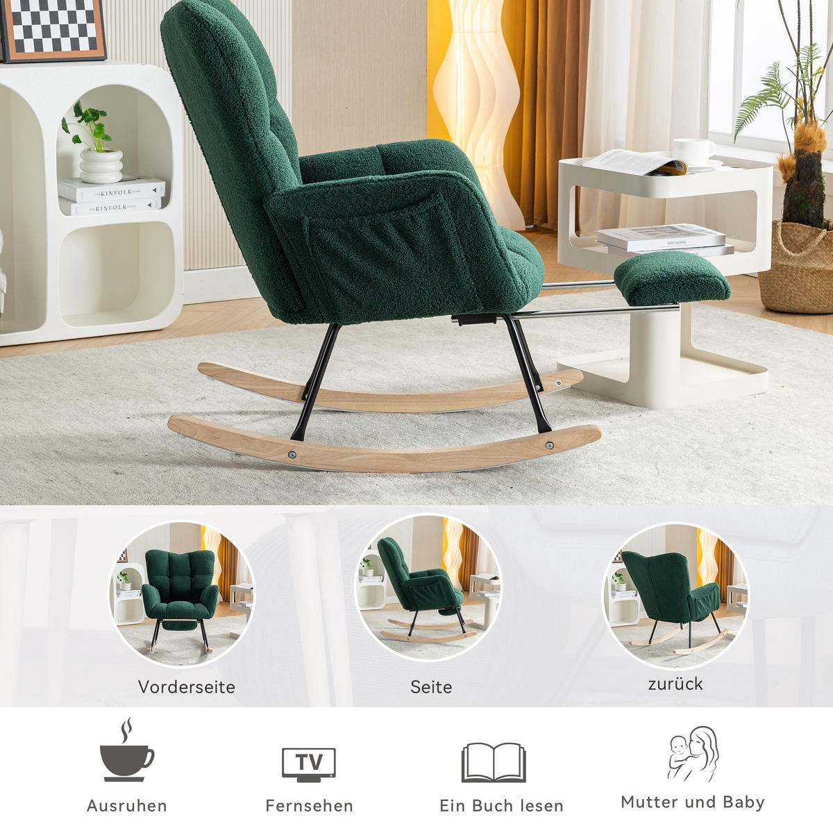 SCHAUKELSTUHL Teddy-Stoff mit klappbarer Fußstütze 80/98/98.5 cm Grün - Grün, Textil (98/98.5/80cm) - Redom