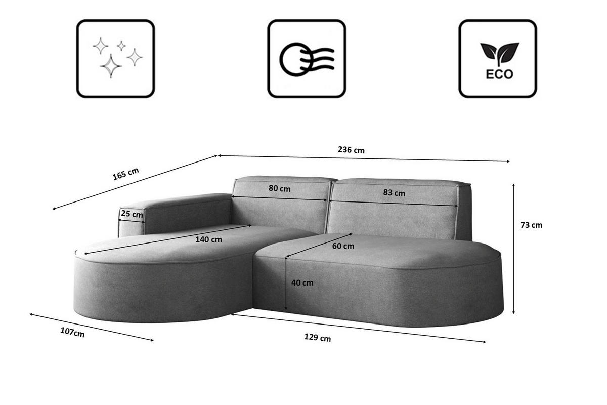 ECKSOFA Modena Modern Und Komfort Velours Stoff Salvador Links Grau - Grau, Holz/Textil (165/236cm) - Kaiser Möbel
