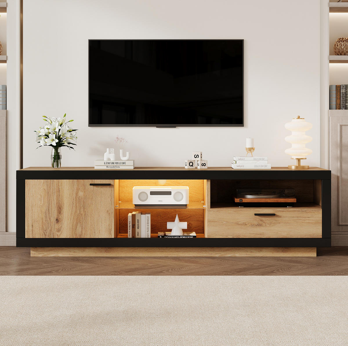 TV-LOWBOARD mit LED-Beleuchtung 160 cm Schwarz/Eiche - Schwarz, Holzwerkstoff (40/50/160cm) - Beauniv