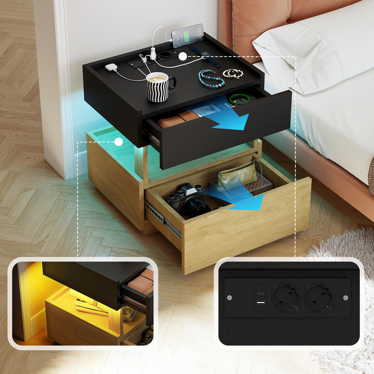 NACHTTISCH mit LED, Nachtkonsole mit Steckdose und USB, 50x40x50 cm - Schwarz, Holzwerkstoff (50/50/40cm) - LVHOM