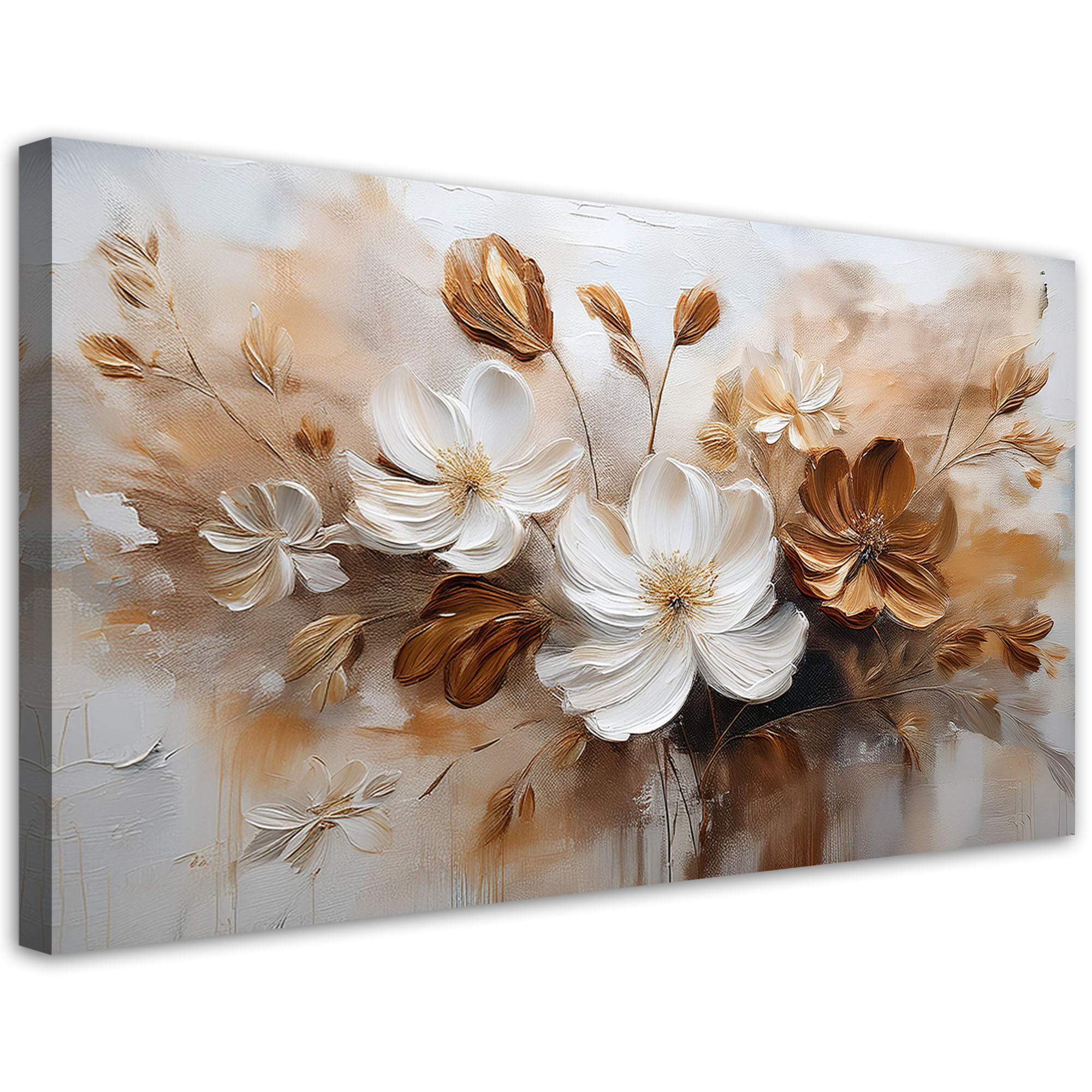WANDBILD weiß und braun bemalte wildblumen - Beige, Textil (120/60cm) - Feeby