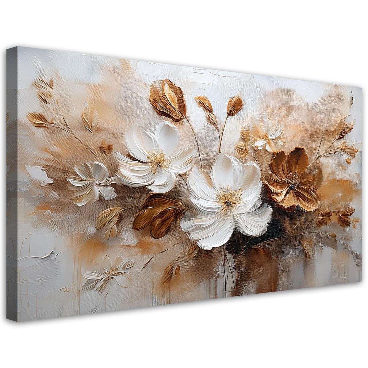 WANDBILD weiß und braun bemalte wildblumen - Beige, Textil (100/50cm) - Feeby