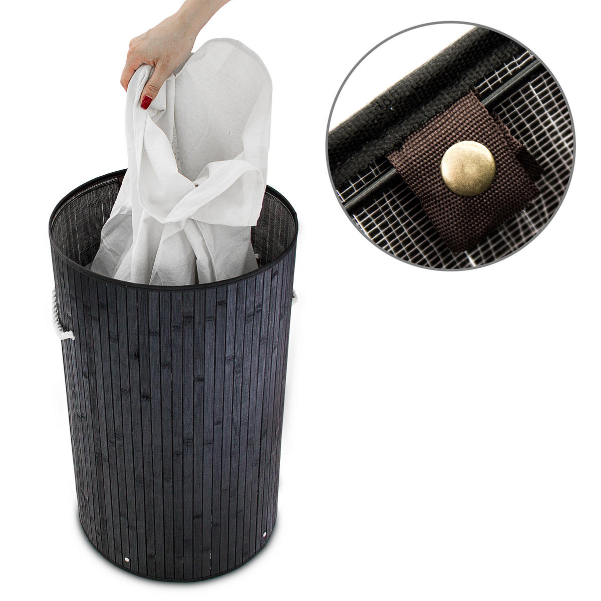 KOŠ ZA PERILO črna bambus okrogel s pokrovom zložljiv 70 l - črna, tekstil/les (41/65/41cm) - Relaxdays