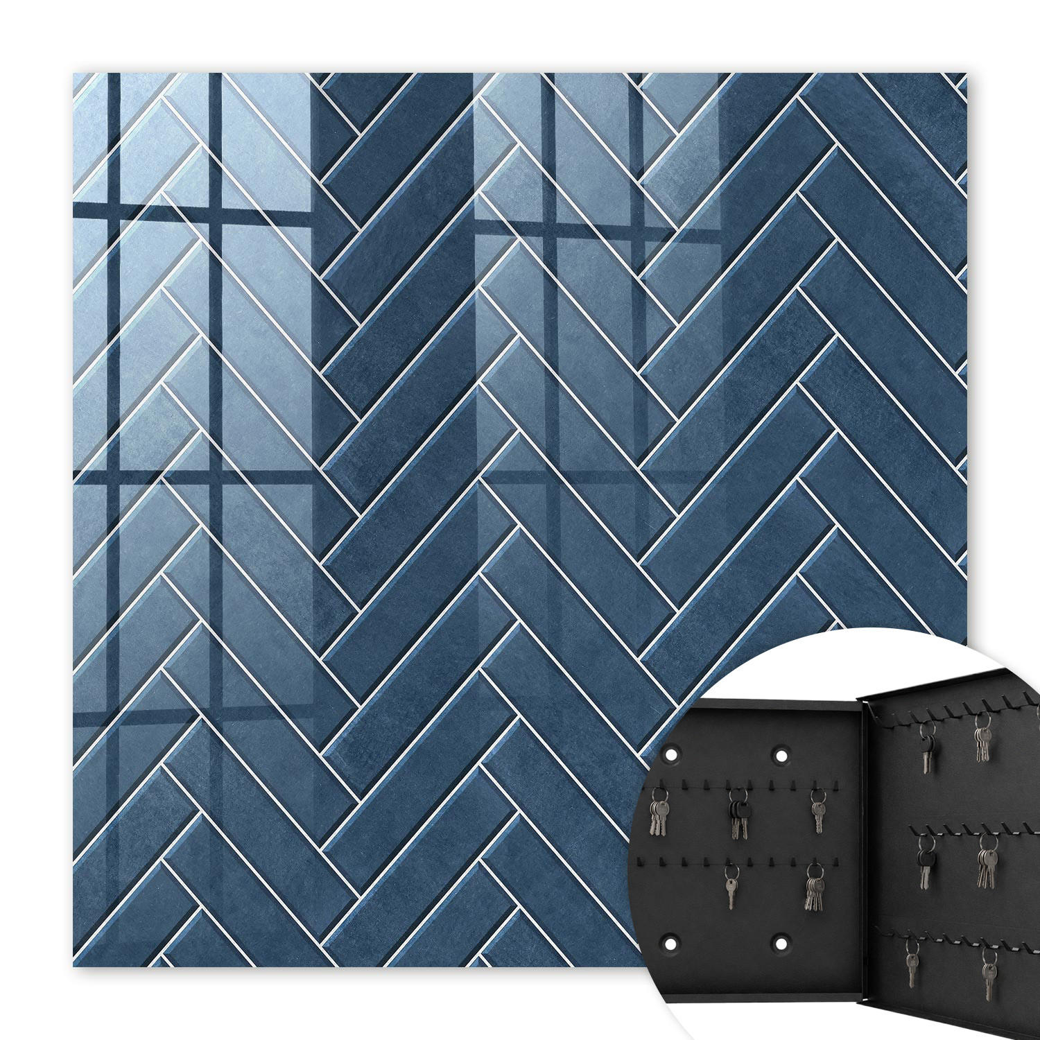 SCHLÜSSELBOX Schwarz 30x30 cm- Türöffnung nach rechts - Fischgrätmuster, Marineblau - Dunkelblau, Metall (30/30/5cm) - TULUP