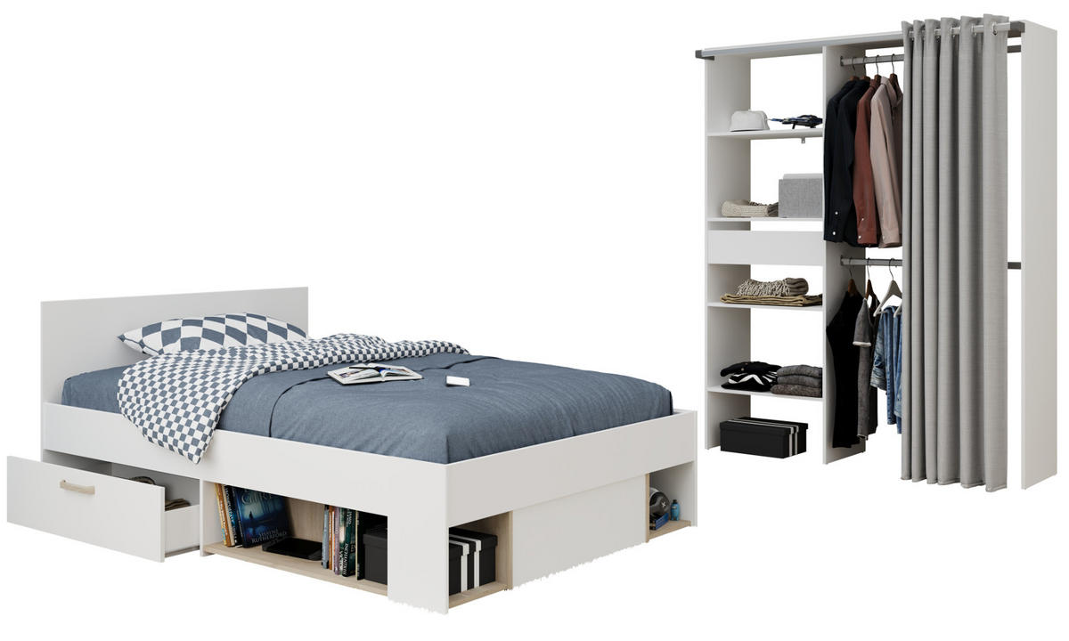 KINDERZIMMER-SET 2-teilig weiß, Eiche, Jugendzimmer mit Stauraumbett - Eichefarben/Weiß, Holzwerkstoff/Kunststoff (143/182/204cm) - Parisot Meuble