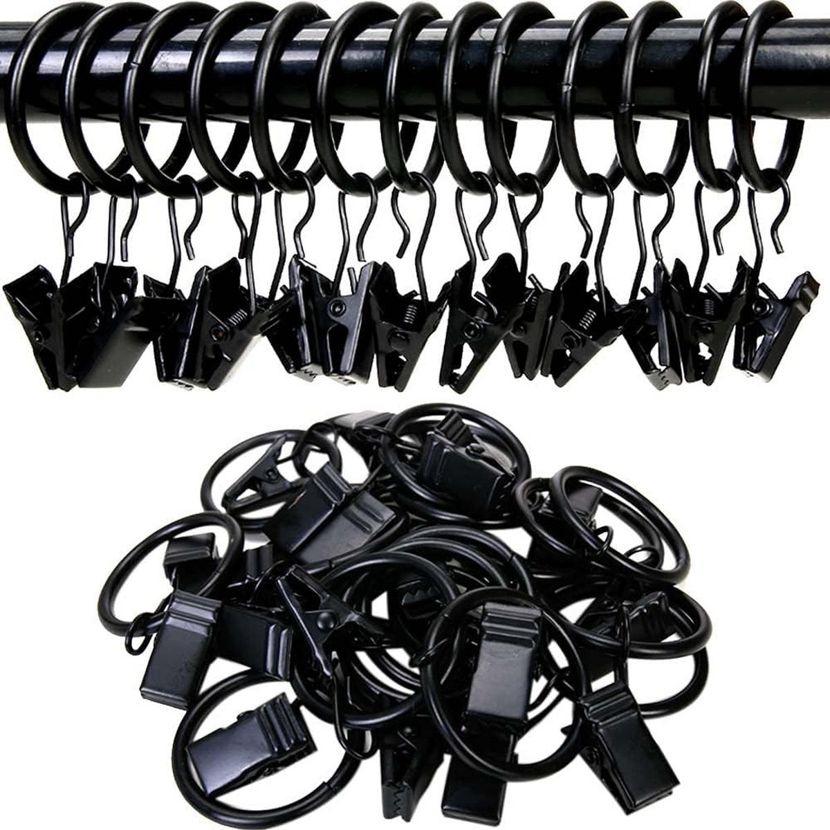 DUSCHVORHANGRINGE Silber Set mit Clips für Stangen - Schwarz, Metall (3.2/6.7cm) - MCBOSON