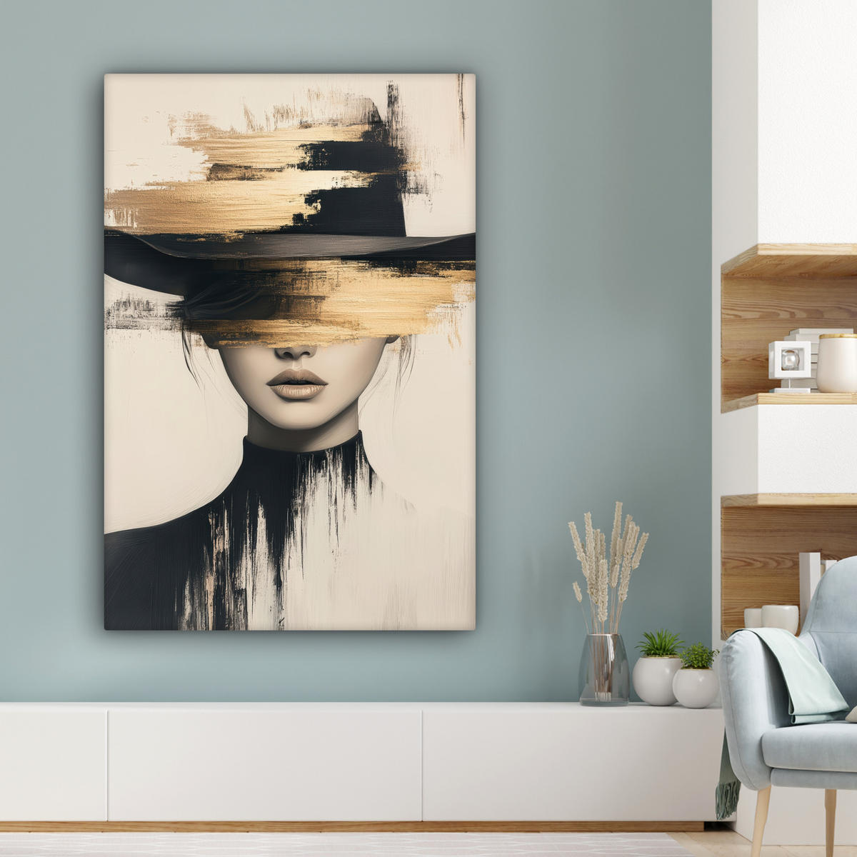 LEINWANDBILD Frau - Hut - Farbe Deko Groß 90x140 cm - Goldfarben, Textil (90/140cm) - MuchoWow