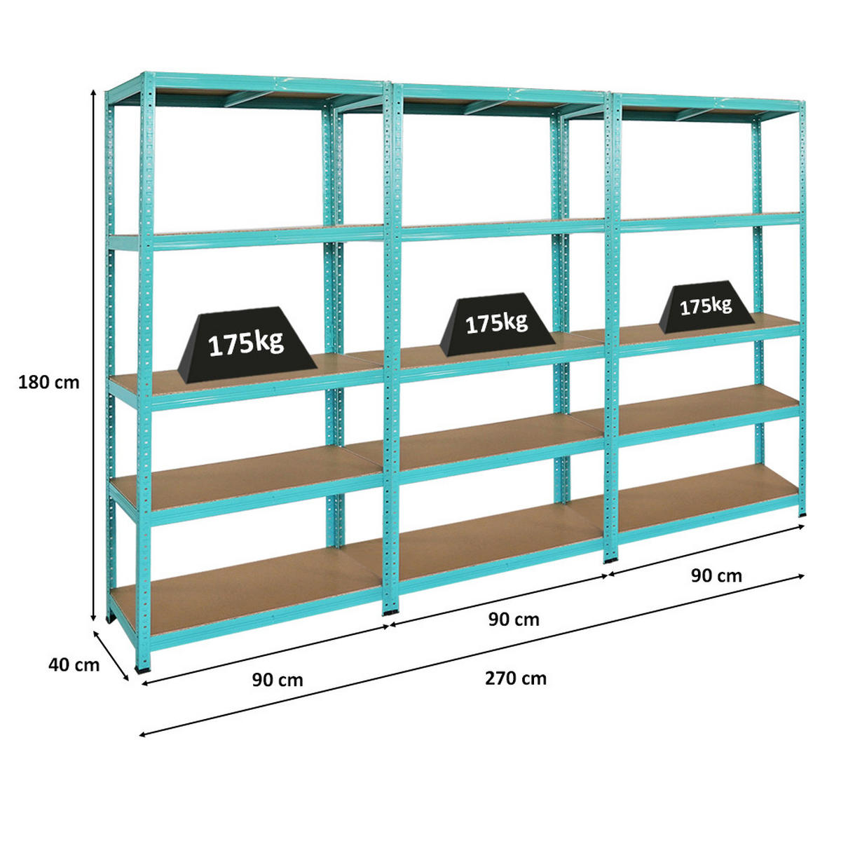 SCHWERLASTREGAL 3er GREEN HULK Set, HxBxT 180x90x40cm, Fachlast 175kg, 5 Ebenen, Grün - Grün, Metall (270/180/40cm) - PROREGAL