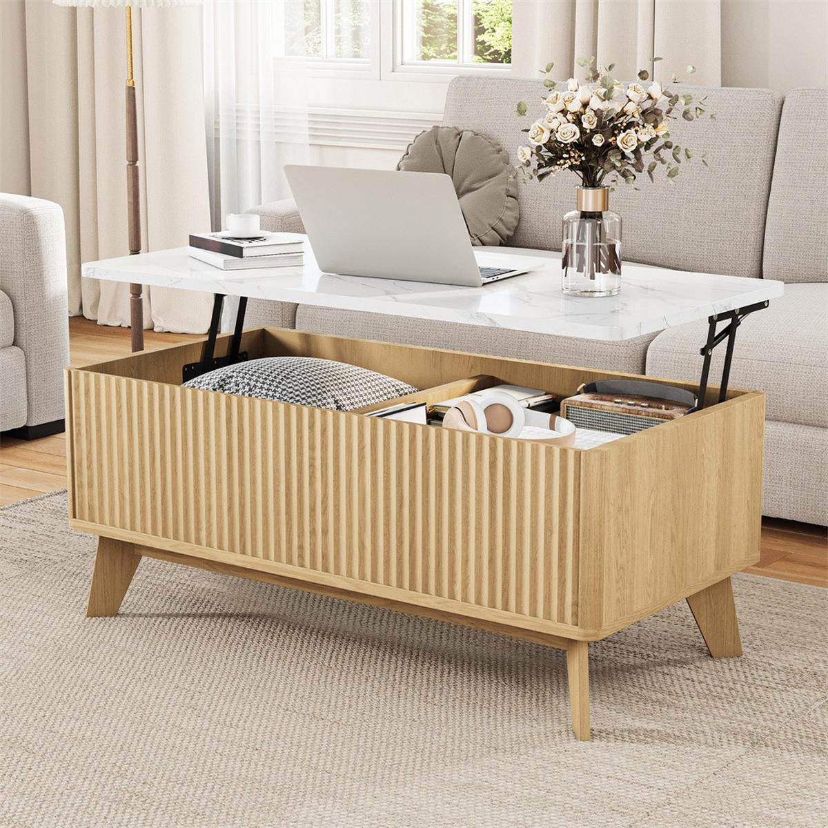 COUCHTISCH in weißer Marmoroptik - Rechteckiger Couchtisch mit Lift-Funktion Stauraum und Holzbeinen - Eichefarben, Holzwerkstoff (53/105/42cm) - DELFA