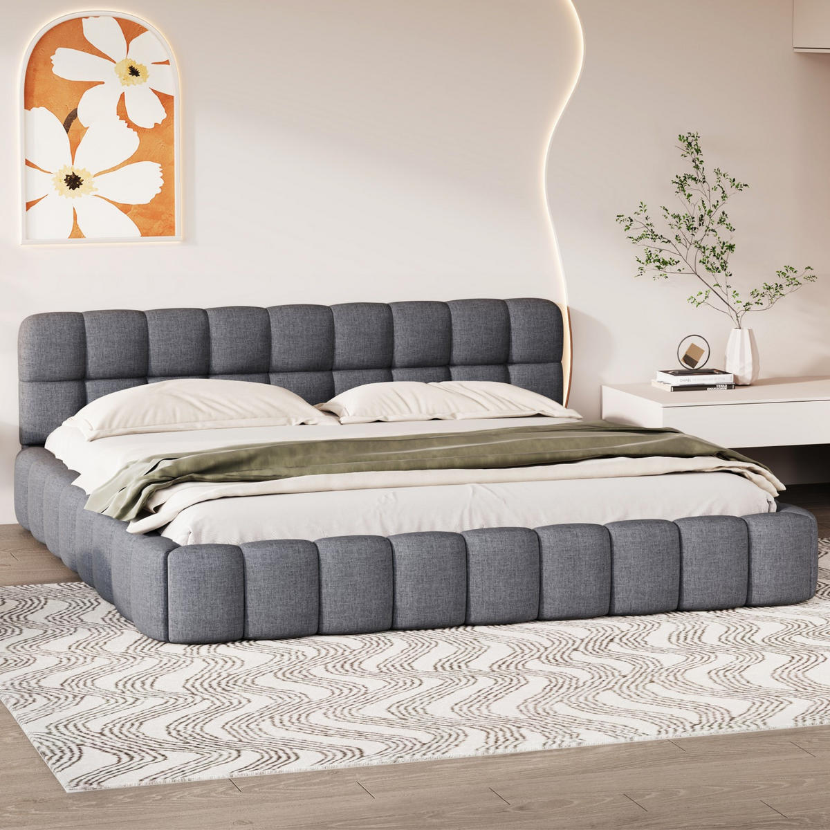 POLSTERBETT 160x200 cm Fleur Cloud mit Blumenrand-Design und weicher Rückenlehne, Leinen-Optik Grau - Grau, Textil (160/200cm) - DELFA