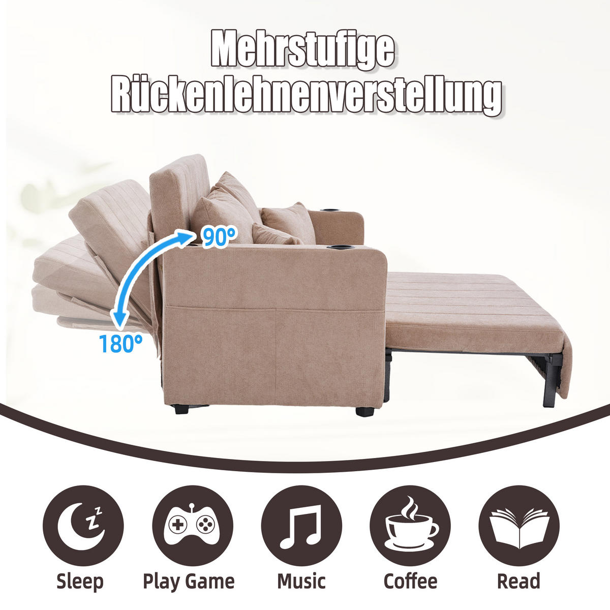 SCHLAFSOFA klappbar mit USB und Getränkehaltern, Khaki - Sandfarben, Textil (139/83/73cm)