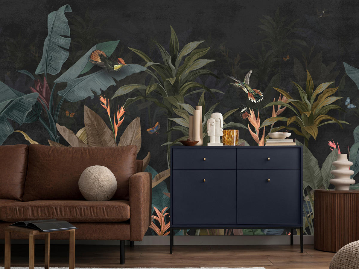 FOTOTAPETA Exotické Palmové Listy Tmavé Pozadie Hmyz Tropická 450 x 315 cm - oranžová/hnedá, papier (450/315cm) - Muralo