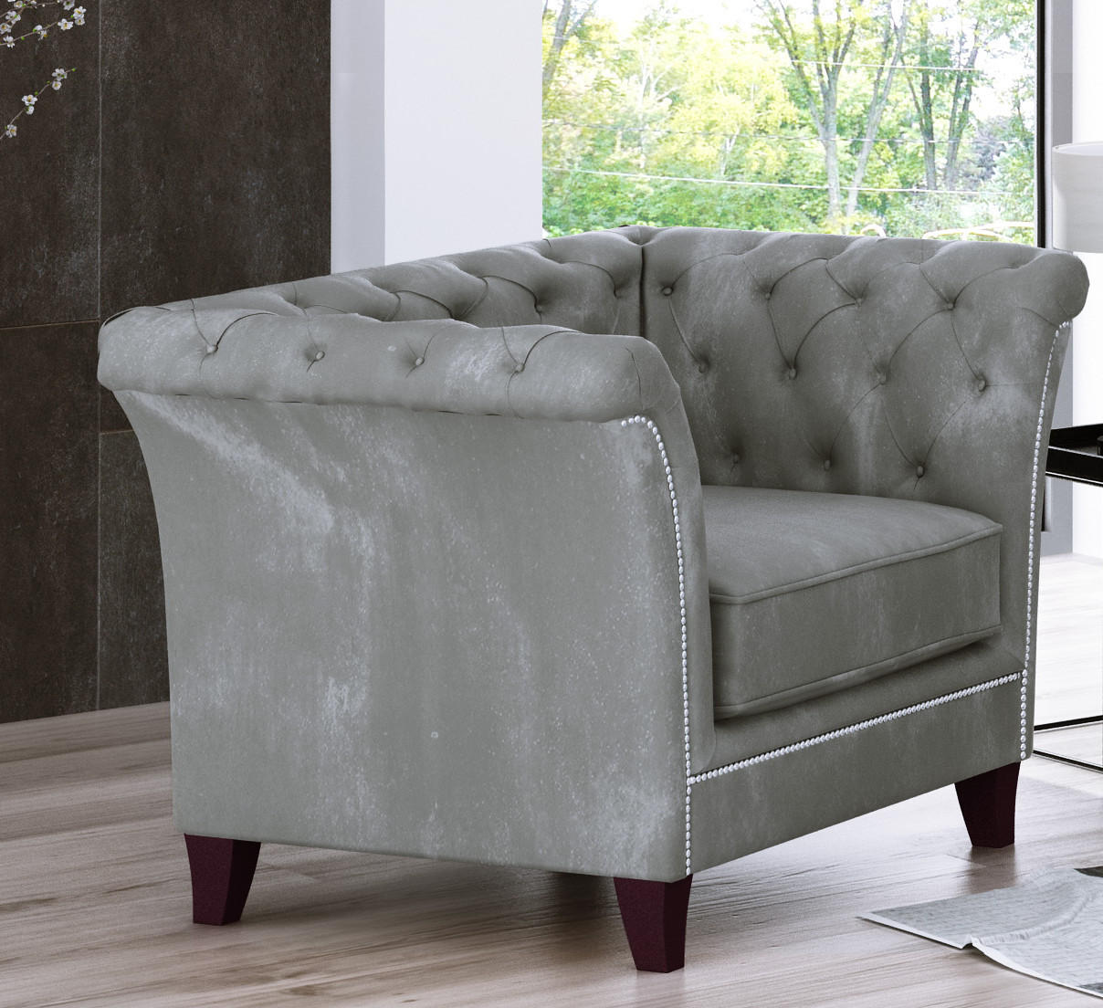 CHESTERFIELD-SESSEL Fusion Grau Samt - Braun/Grau, Holz/Textil (116/75/82cm) - S-Style Möbel