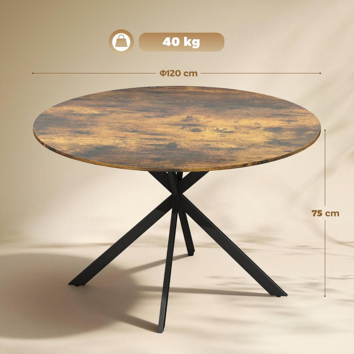 ESSTISCH Rund 120 cm DE-39903 Rustikal-Braun - Braun, Holzwerkstoff (120/120/75cm) - ComfortXL