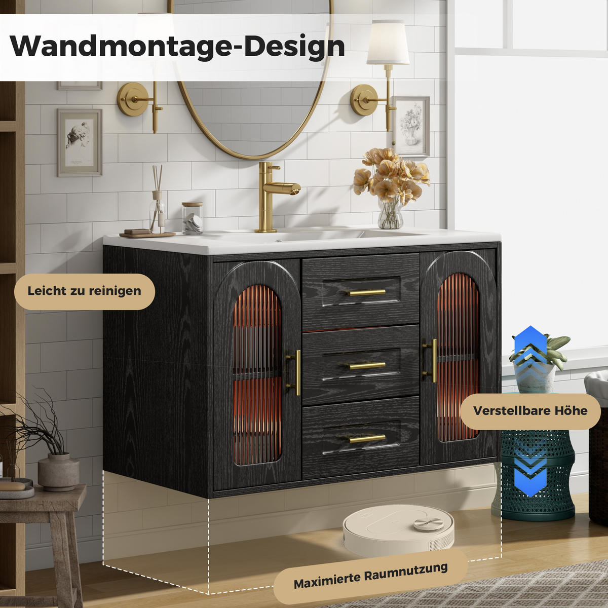 BADEZIMMERSCHRANK Wandmontiert Waschbecken LED Glasfront Schwarz 76cm - Schwarz, Glas (76/55/46cm) - FLIEKS