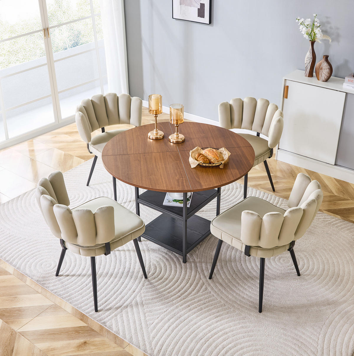 ESSTISCH-SET 4-tlg. 107 cm Nussbaumoptik Hellbraun - Hellbraun, Metall (107/75/107cm) - Meubliv