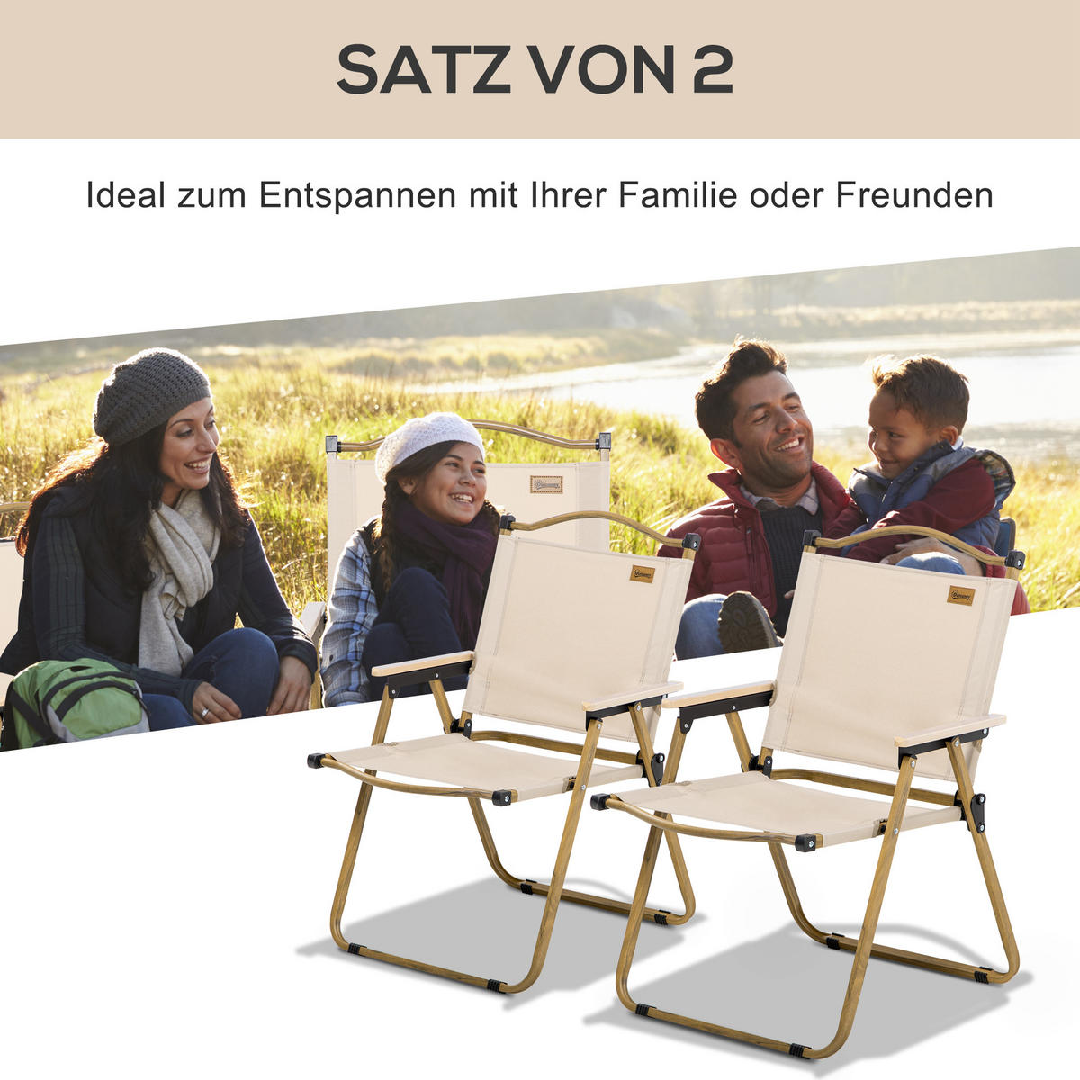 CAMPINGSTUHL 2er Set faltbarer mit Stahlrahmen, für Pool, Khaki - Beige, Textil (59/78/54cm) - Outsunny