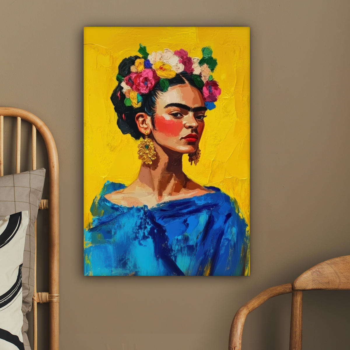 LEINWANDBILD Frida Kahlo - Frau - Gelb - Blau - Blumen 40x60 cm - Gelb, Textil (40/60cm) - MuchoWow
