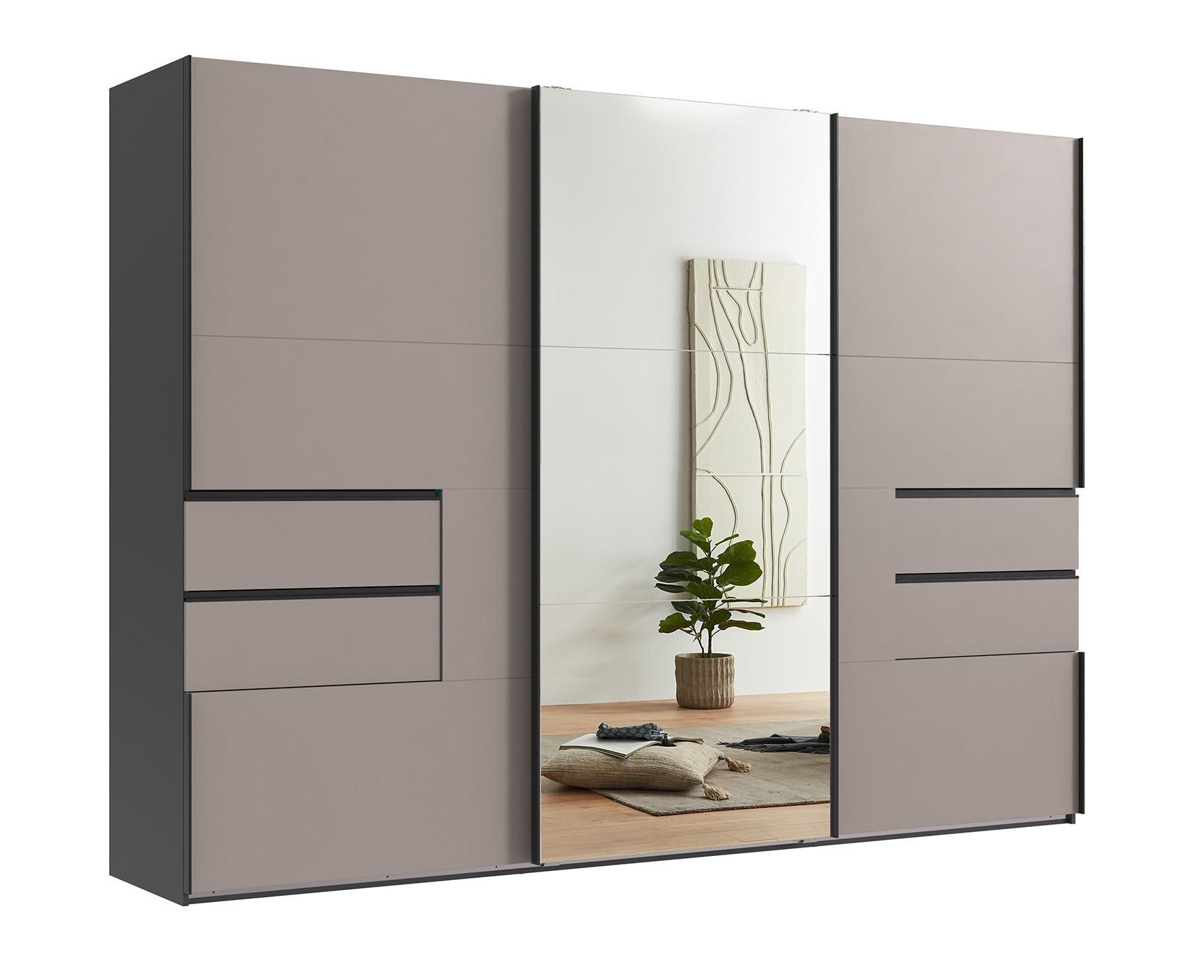 SCHWEBETÜRENSCHRANK B300/H216/T65 cm, Korpus Grafit, Türen und Schubladen Sand Grau / Spiegel, inkl. Vollausstattung / 22057 - Sandfarben/Schwarz, Holzwerkstoff/Metall (300/216/65cm) - luma-home