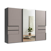 SCHWEBETÜRENSCHRANK B300/H216/T65 cm, Korpus Grafit, Türen und Schubladen Sand Grau / Spiegel, inkl. Vollausstattung / 22057 - Sandfarben/Schwarz, Holzwerkstoff/Metall (300/216/65cm) - luma-home
