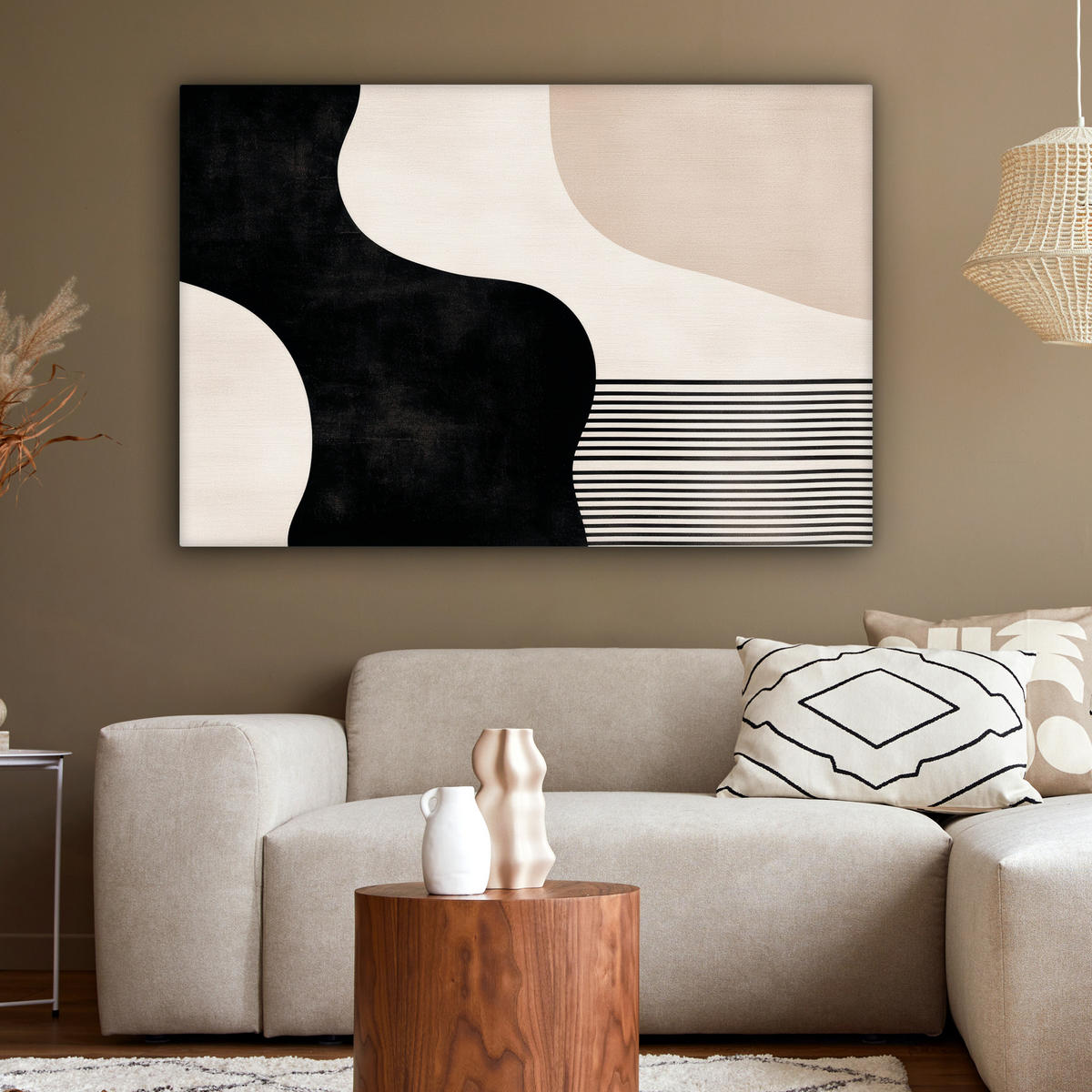 LEINWANDBILD Abstrakt - Japandi - Beige - Modern XXL 150x100 cm - Schwarz, Textil (150/100cm) - MuchoWow