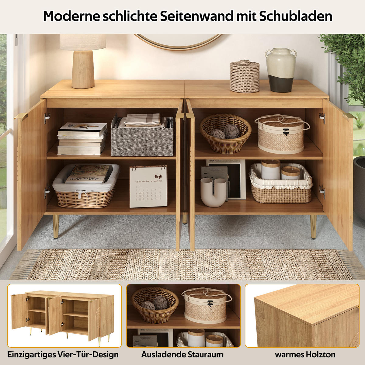 SIDEBOARD 140cm modern Stauraum Anrichte Buffet Wohnzimmer - Naturfarben, Holzwerkstoff (40/72/140cm) - FLIEKS
