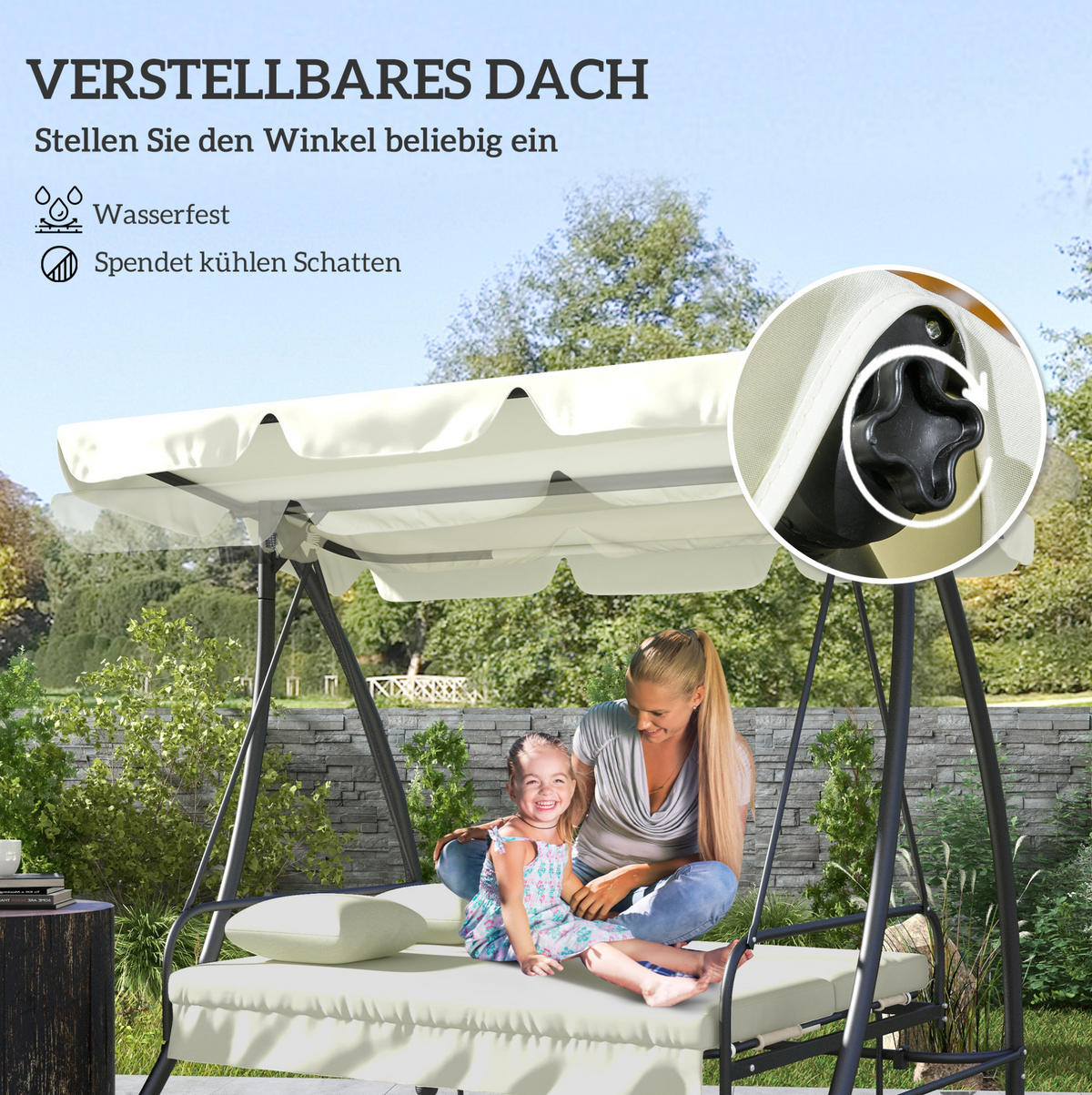 HOLLYWOODSCHAUKEL 200/125/170 cm cremeweiß aus Metall mit Liegefunktion - Beige, Metall (125/170/200cm) - OKWISH