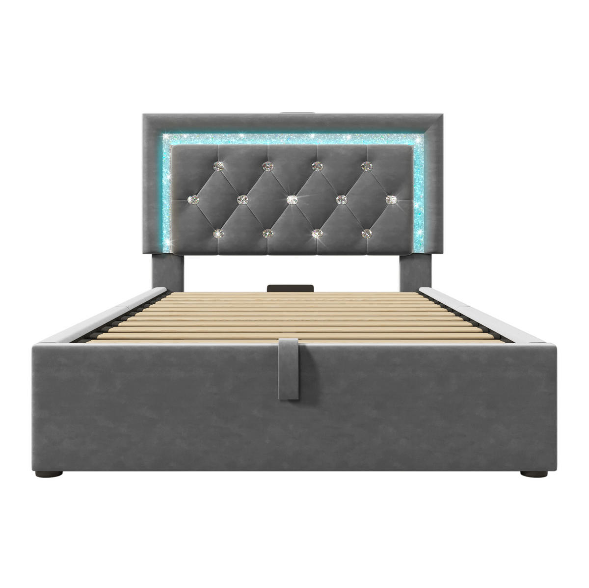 POLSTERBETT Samt 90x200 cm Grau mit Matratze, LED-Beleuchtung, USB- und Type-C-Anschluss - Grau, Textil (90/200cm) - IVMEU